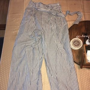 High waisted light blue and white striped pants